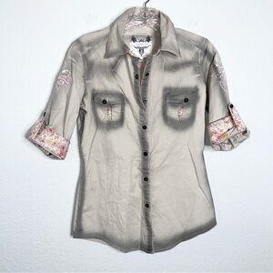 Roar Shirt Womens Small Button Up Embroidered Western Cowgirl Floral Cream Gray